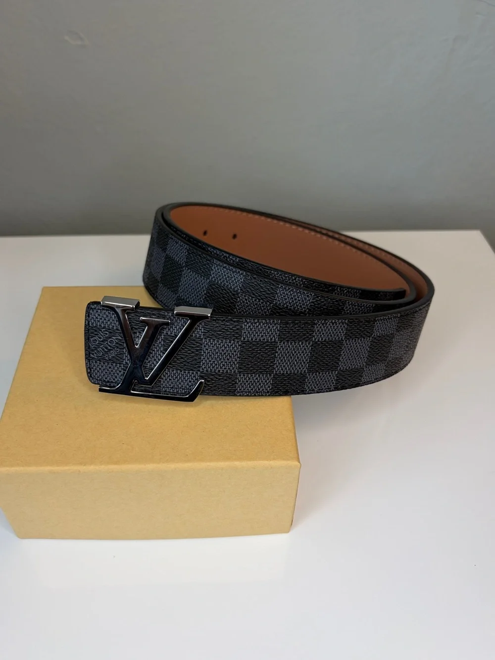 Mens Black Checkered Genuine Leather Belt Fits Waist 33-35